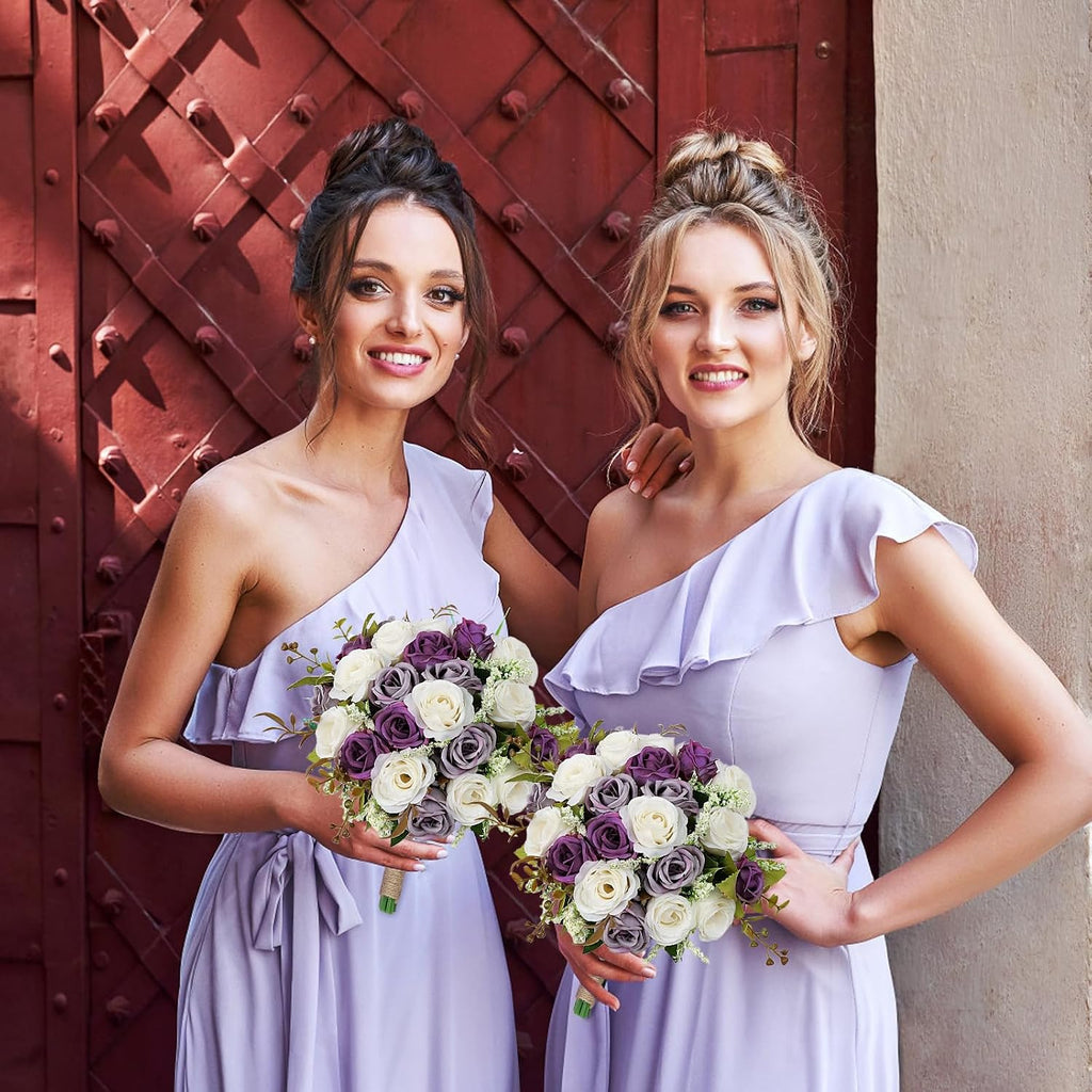 Wedding Bouquet for Bridesmaid 1 Pack - Hand Holding Flower Bouquet 7 Inch Artificial Flower Bouquet for Bride Party Ceremony Anniversary Decor - Dusty Purple & White