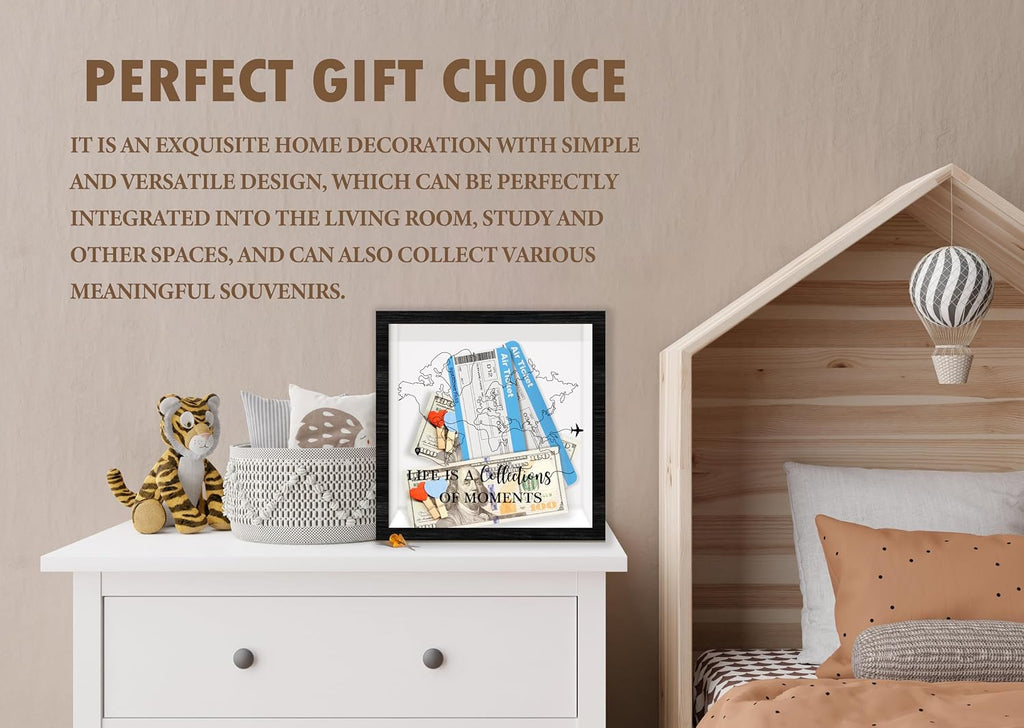 Black Travel Shadow Box Frame with Slot, Life is A Collections of Moments Boxes Frames for Fund, 8x8 Memory Box for Keepsakes, Travel Gifts and Decorations, 02