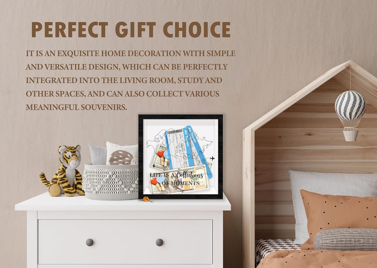 Black Travel Shadow Box Frame with Slot, Life is A Collections of Moments Boxes Frames for Fund, 8x8 Memory Box for Keepsakes, Travel Gifts and Decorations, 02