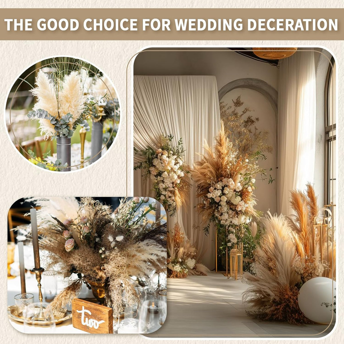 Le courant 17" 200Pcs Dried Pampas Grass Decor, Naturally Small Boho Pampas Grass with Bunny Tails & Reed Grass for Home Table Decor, Wedding, Rustic Farmhouse Party Decorations, White and Brown