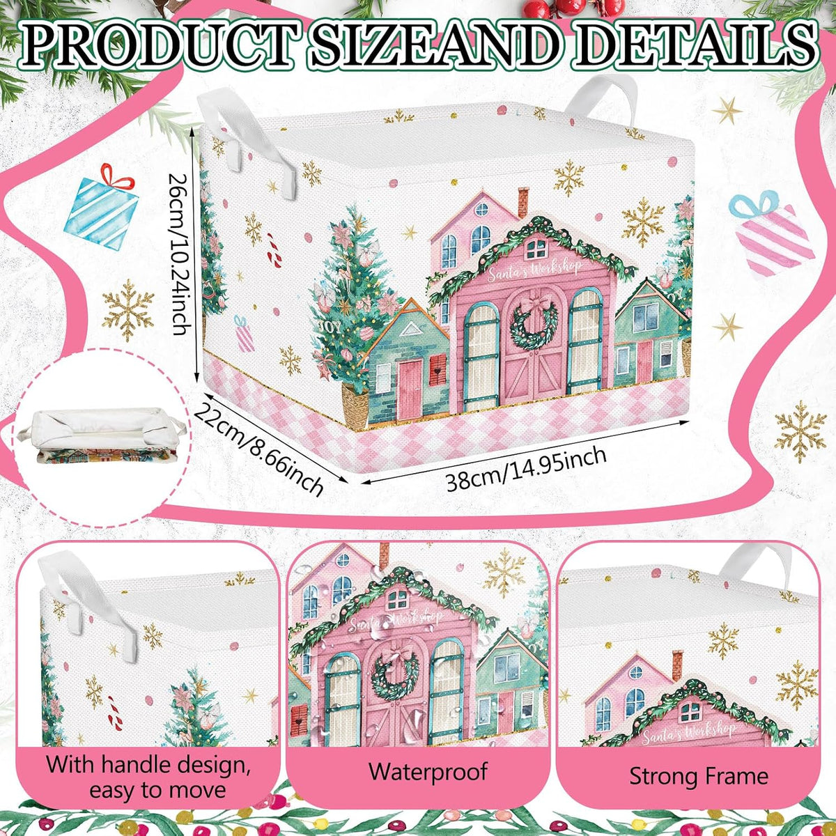 Beeveer 3 Pcs Christmas Pink Nutcracker Basket Diamond Plaid Christmas Tree Gift Basket Soldier Mouse Ballet Girl Clothes Storage Cube for Home Office Dorm Closet Shelf Organizer