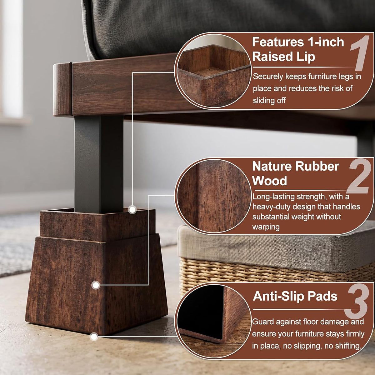 Alpeir Adjustable Bed Risers 4 inch Heavy Duty, Fit 2 to 3 inch Leg, Brown