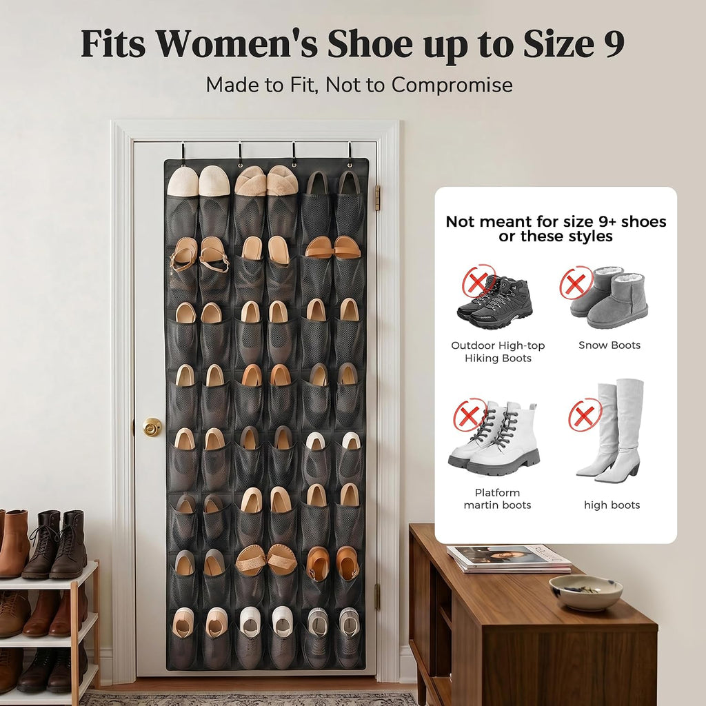 48 Pockets Over the Door Shoe Organizer, Fits Women's Shoes Up to US Size 9, 6-Column Heavy Duty Shoe Storage for Sneakers & Heels, Mesh Hanging Rack for Entryway, Bedroom & Dorm, Black