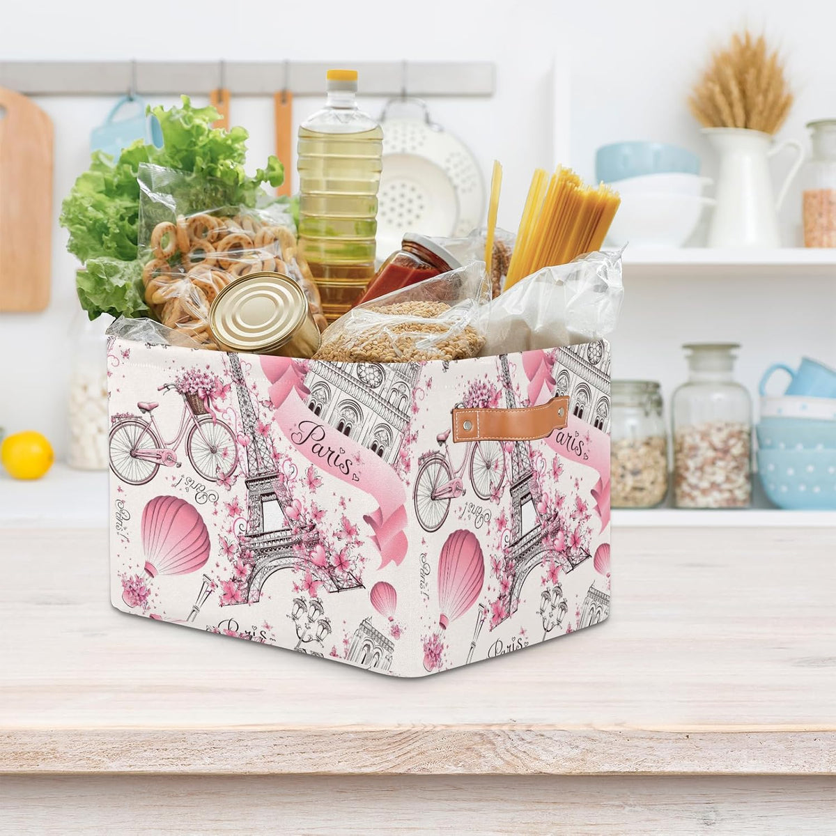 Storage Basket Floral Paris Eiffel Tower, Large Foldable Organizer Storage Bins for Shelves, Sturdy Canvas Cubes Storage Boxes with Handles for Toys Closet Nursery Office Living Room 15" x 11" x 9.5"
