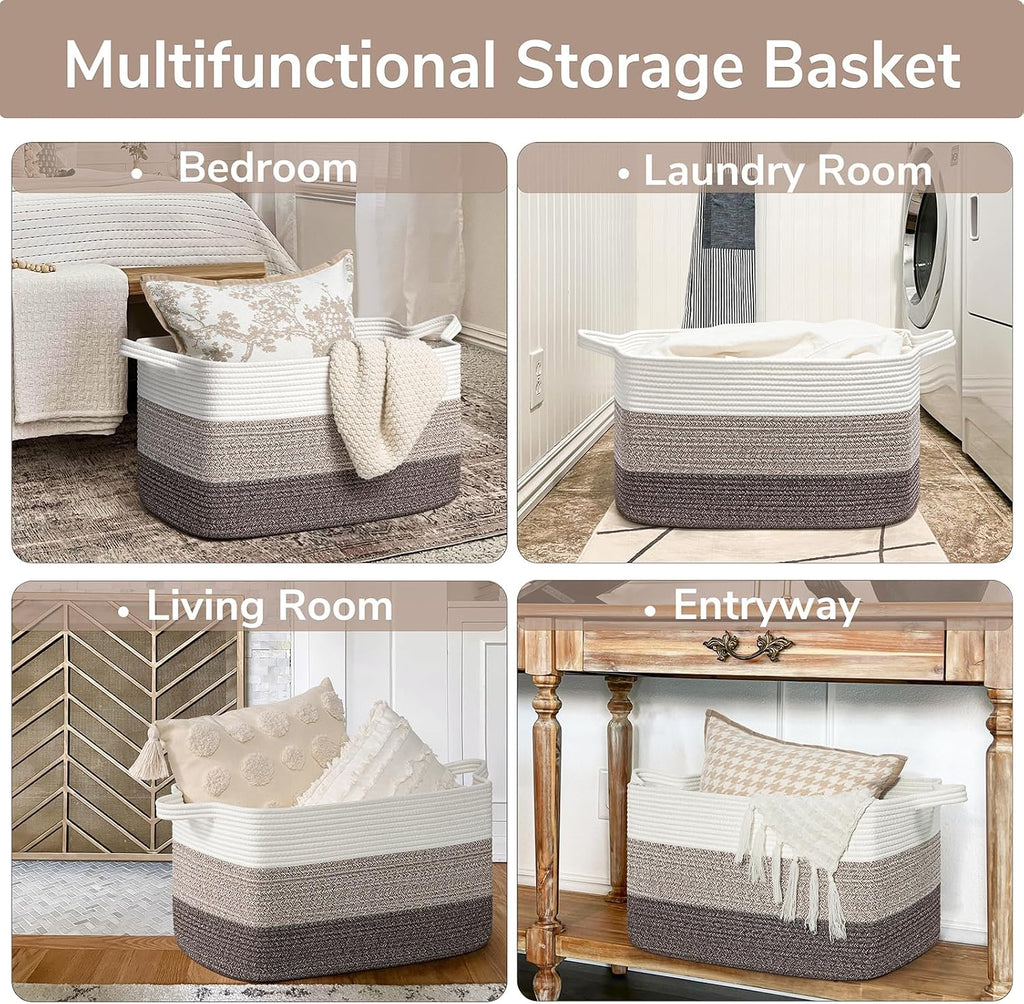 Goodpick Large Woven Rope Blanket Basket, Rectangle, White Brown