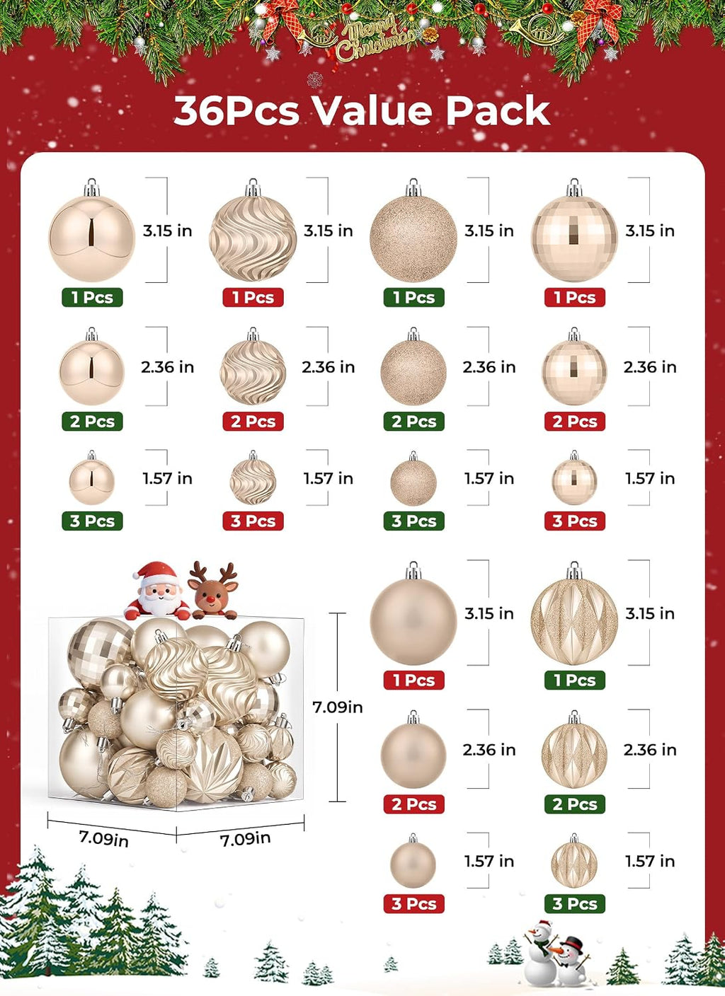 Brightown 36‑Pack Champagne Gold Shatterproof Christmas Ball Ornaments Set