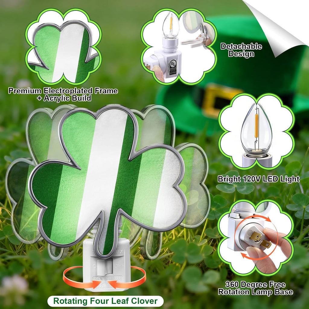 Hohean St. Patrick's Day Shamrock Night Light–UL Certification Plug in Irish Decor Lamp with C7 LED, Flocking & Acrylic, 360° Rotating Plug for Bedroom, Bathroom & Hallway–Green Holiday Lighting Gift