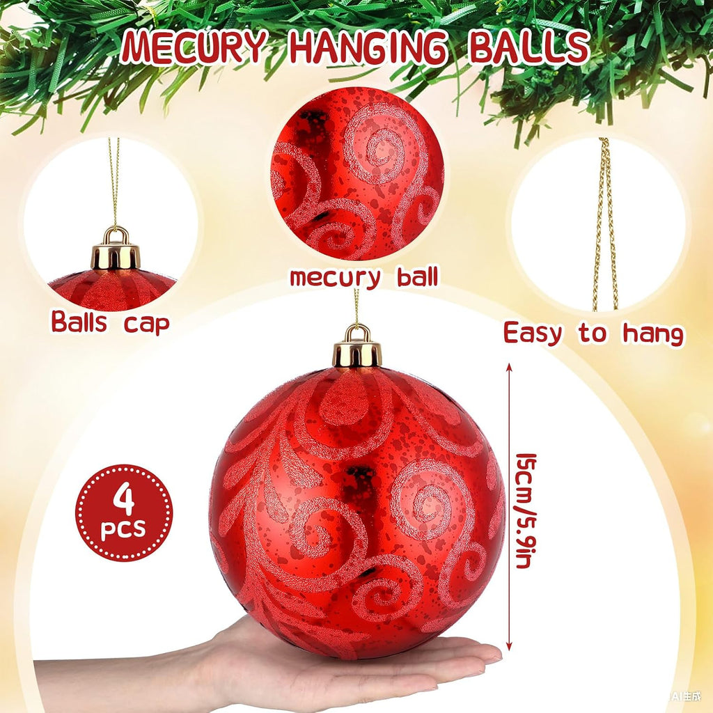 Arrowbash 4 Pcs 6'' Red Mercury Big Christmas Ball Ornaments Set