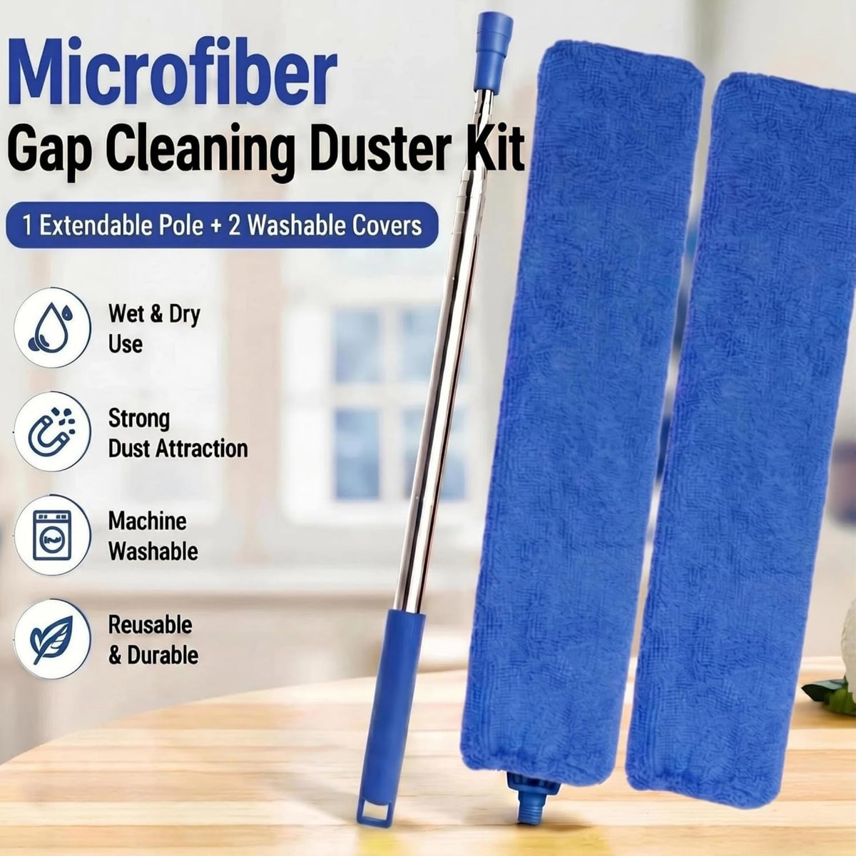 Retractable Gap Dust Cleaner Under Appliance Cleaning Tool, Flat Duster for Under Refrigerator Fridge Stove Couch Bed, Skinny Thin Duster for Tight Spaces (Blue)