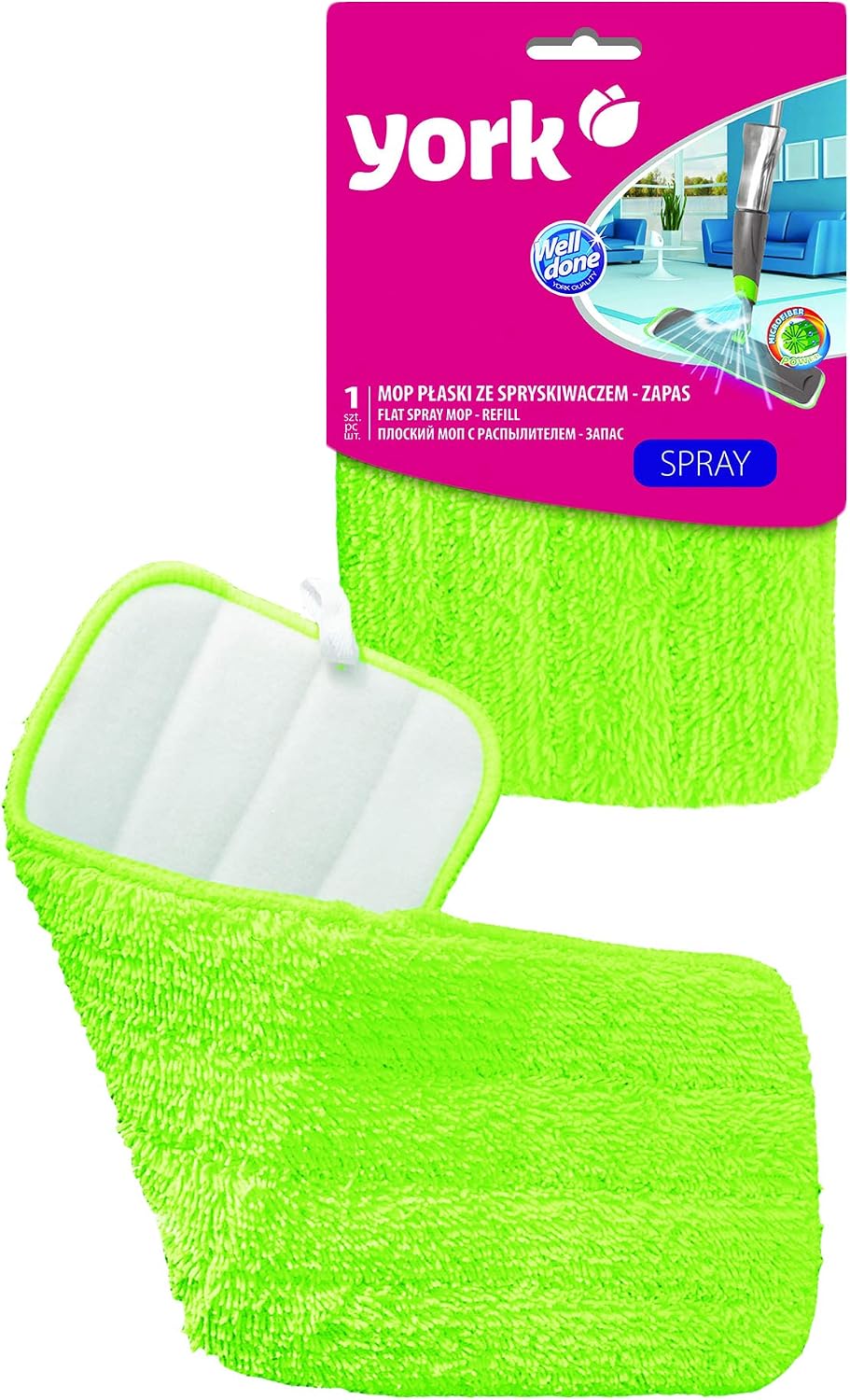 York Flat Spray Mop Reusable Microfiber Drying, Down Washing Function Pad Refill For Dry Or Wet Easy-To-Attach, Machine Washable Floor Cleaning In Size 42.5 14.5 Cm Pack Of 1 Green
