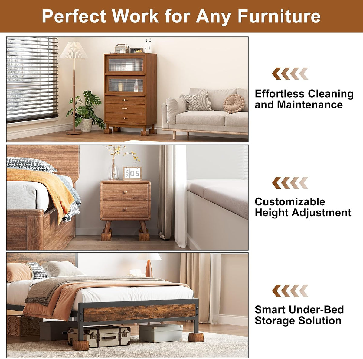 TQVAI Bed Risers Heavy Duty, Support 2200 lbs, 1-in Deep Anti-Fall Edge, 4 Pack Wooden Furniture Bed Lifts Risers with Non-Slip Pads for King Queen Twin Full Size Frame, Retro Brown, 3" H(Inner 2" H)