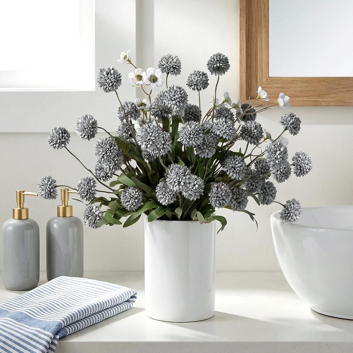 Mixed 10 Pcs Artificial Pompon Mum Set-8 Chrysanthemum & 2 White Daisy, Blue Silk Faux Flower for Vase Fall Floral Arrangements Wedding Centerpiece DIY Home Indoor Outdoor Decor (No Vase)