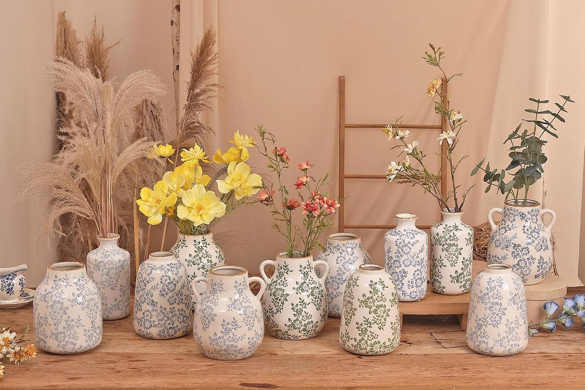 Blue and White Chinoiserie Ceramic Vase Vintage Flower Vase, 8.1in