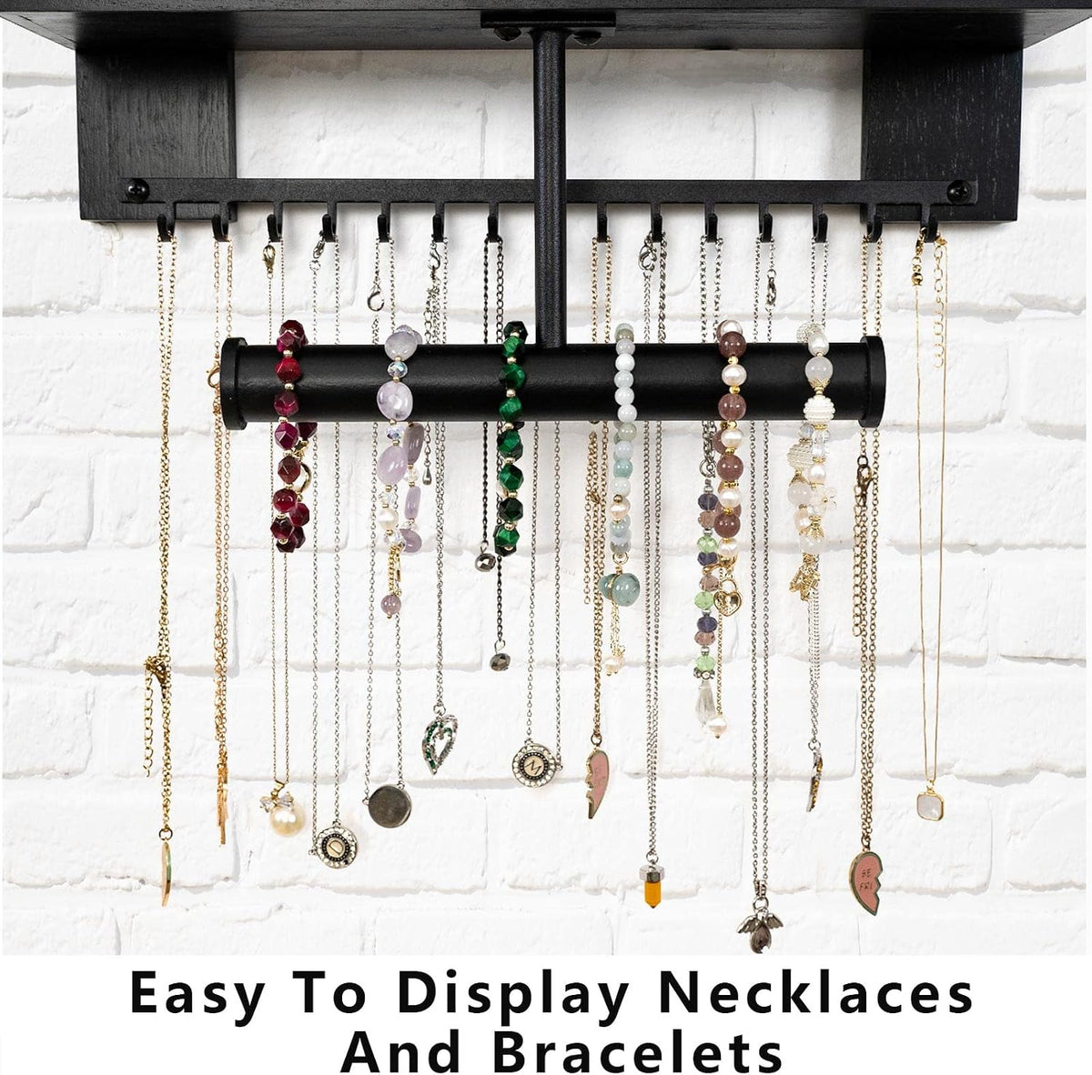 Pinzoveco Hanging Jewelry Organizer Wall Mounted With Wall Jewelry Organizer Holder For Necklaces Bracelet Earrings Ring (Black)