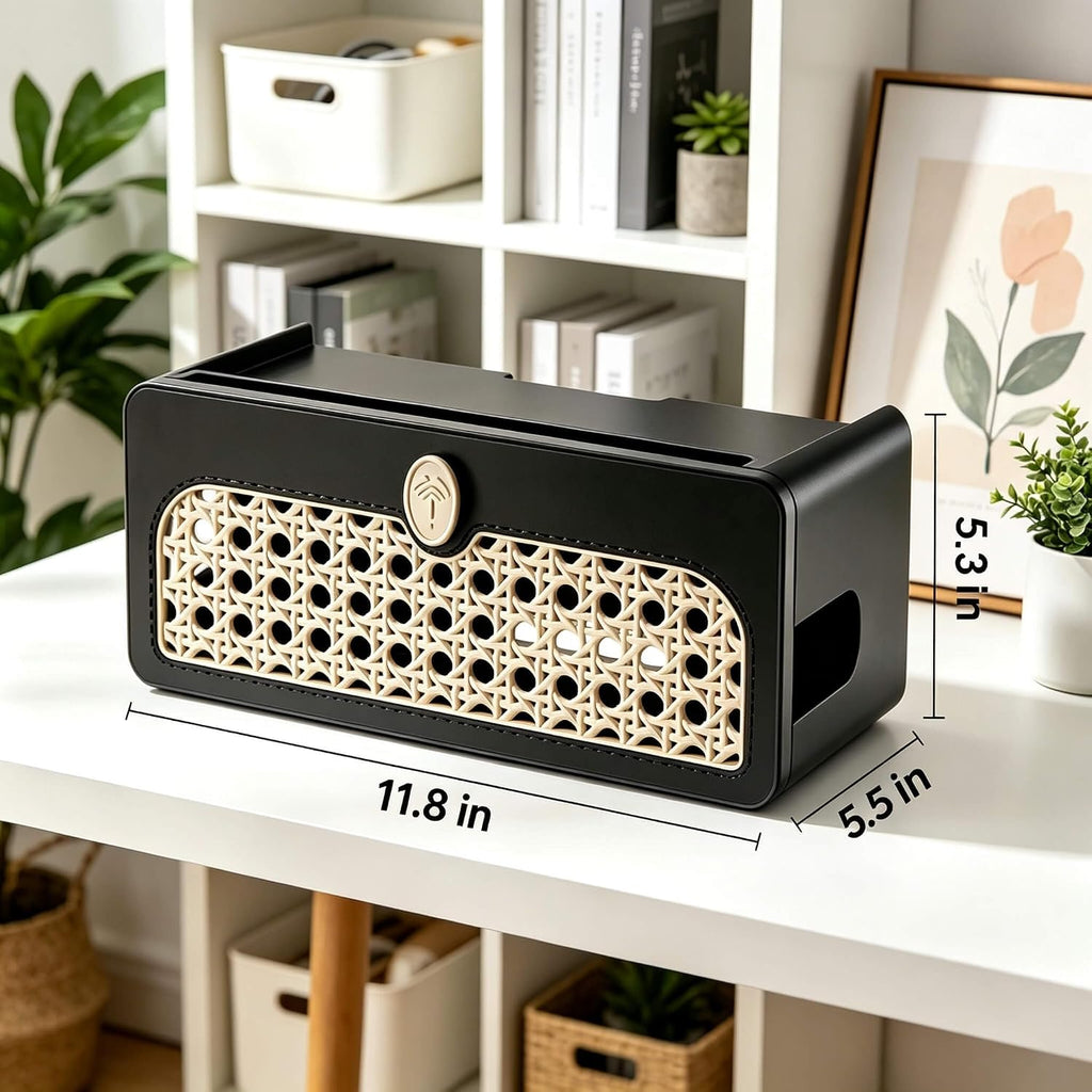 Faux Rattan Cable Management Box, Decorative Power Strip Cover