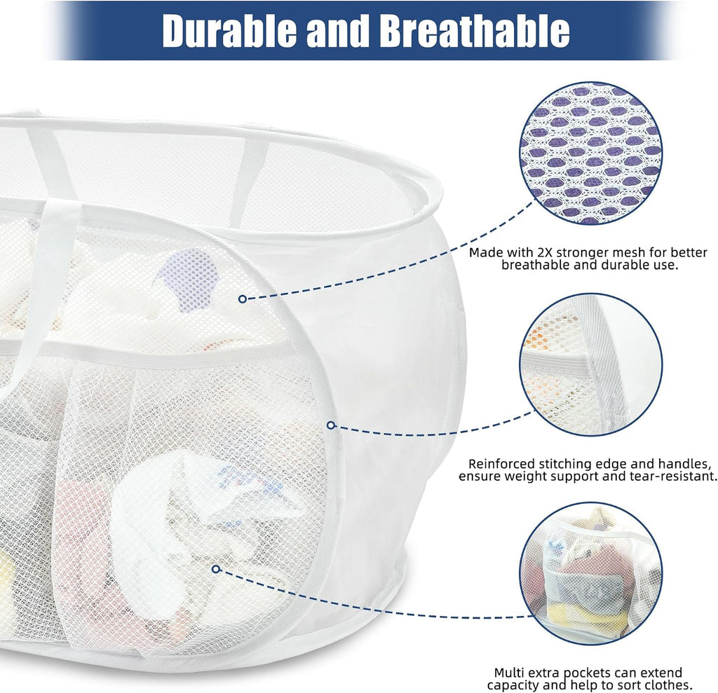 Collapsible Laundry Baskets, Upgrade Pop Up Laundry Hamper with Convenient Bags, Foldable Laundry Basket Mesh Light Weight, Easy to Carry Clothes Hampers for Laundry, Dorm, Toys, Travel White