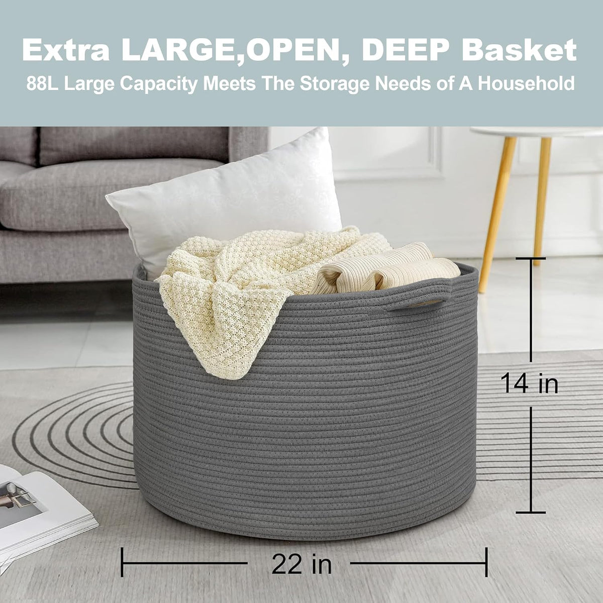 MEGASKET Large Dark Grey Storage Basket, Woven Cotton Rope Baskets for Storage, Big Blanket Organizer Storage Basket for Living Room, Kids Room Toy Storage Organizer Box, Blanket Keeper (22"x14")