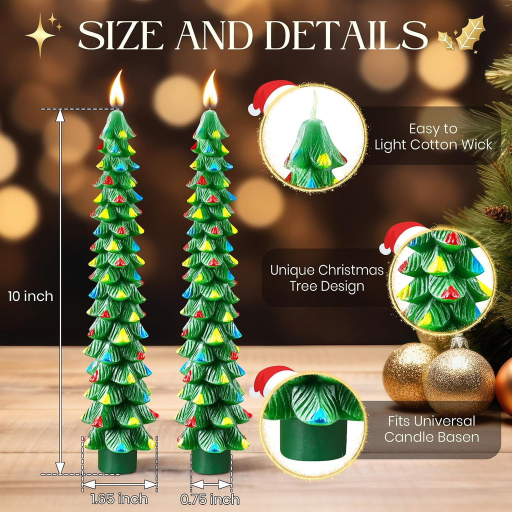 2 Pcs 10 Inch Christmas Tree Candles, Premium Natural Unscented Beeswax Christmas Tree Shaped Taper Candles with Cotton Wick, for Xmas Holiday Decor Party Banquet(Green with Multicolor Trim)