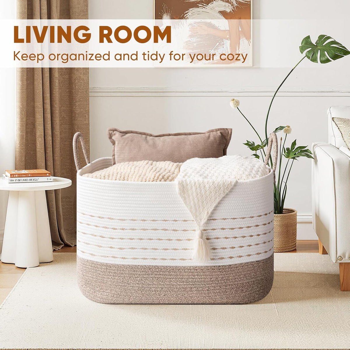 OIASKET XXL Large Blanket Basket for Living Room, 108L Woven Storage Baskets for Organizing, Rectangle Cotton Rope Basket Toy Chest With Handles--Brown & White