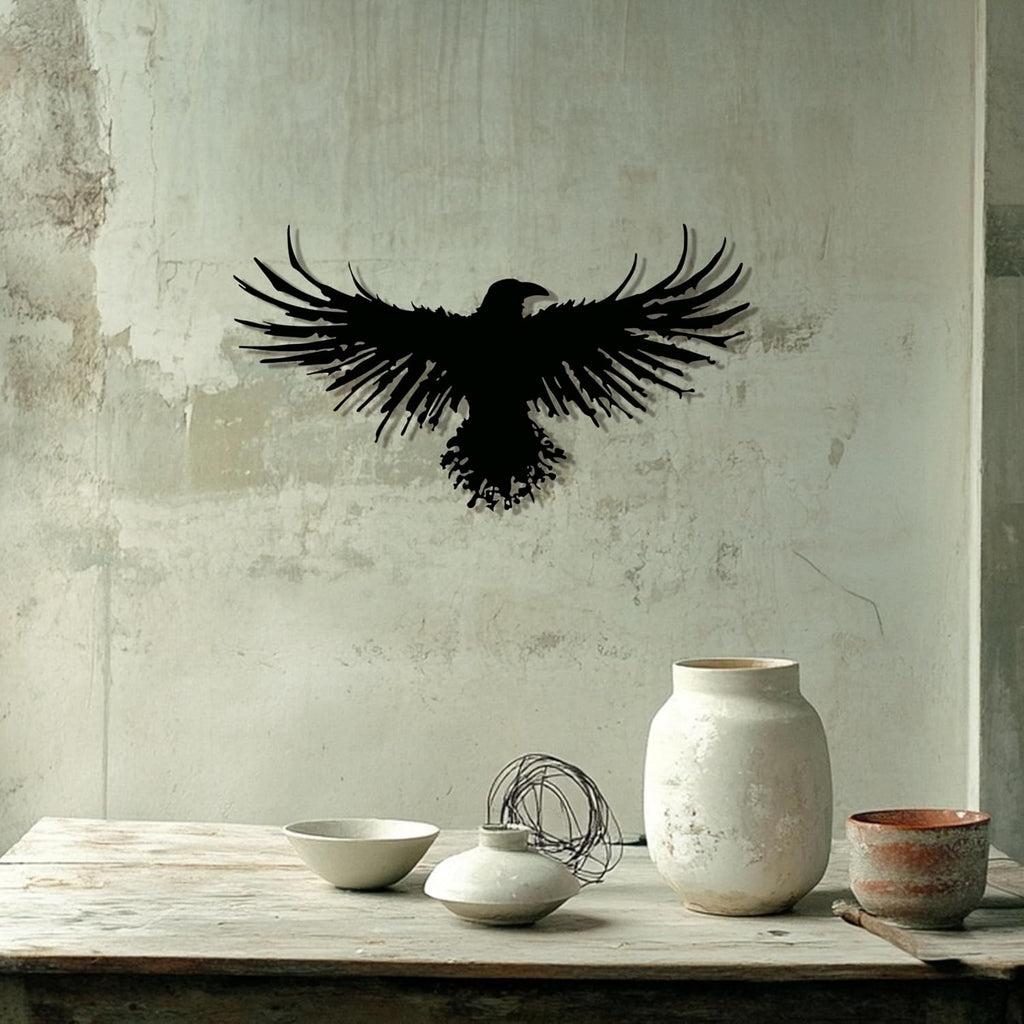 Metal Raven Wall Art, 3D Viking Crow Decor for Gothic Home, Black Outdoor