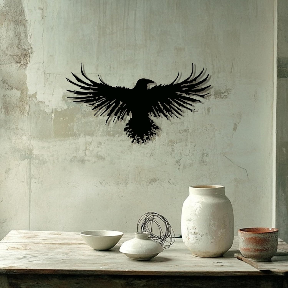Metal Raven Wall Art, 3D Viking Crow Decor for Gothic Home, Black Outdoor