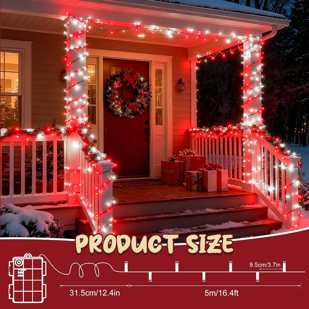 cshare Red and White Christmas Lights Battery Operated Outdoor Waterproof, Christmas String Lights with Timer 16.4ft 50LED Christmas Decorations Garland Party Garden