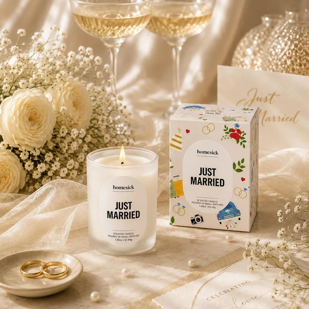 Homesick Just Married Scented Candle – 13 oz Soy Wax Blend in Non-Toxic Sea Salt Champagne Amber Scent, 60-Hour, Organic Cotton Wick – Wedding & Engagement Gifts for Couples in Reusable Jar