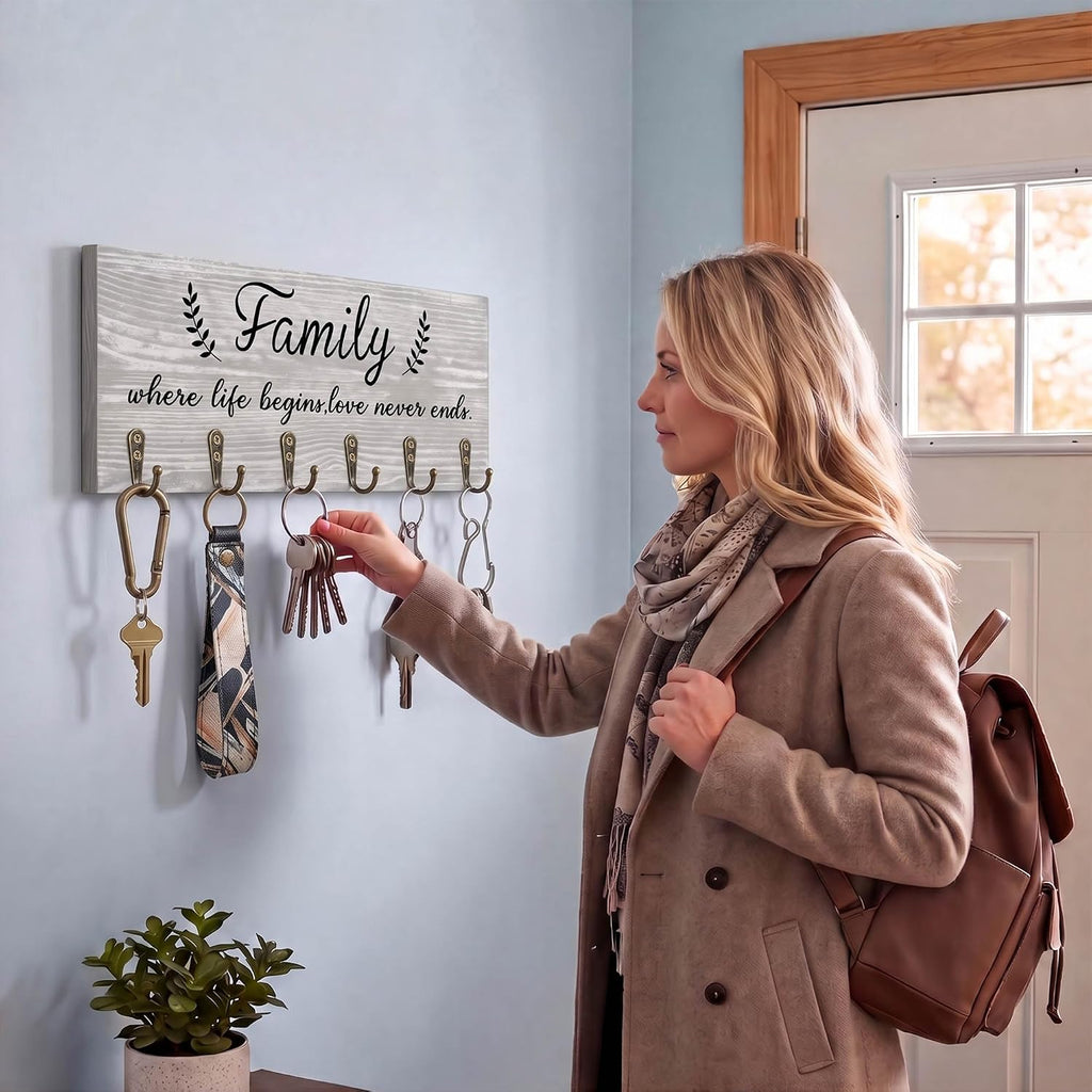 AHYS Key Holder Wall Mount Family Wall Decor Wooden Key Rack Hanger with 6 Hooks for Farmhouse Home Entryway Living Room Decor - Light Grey