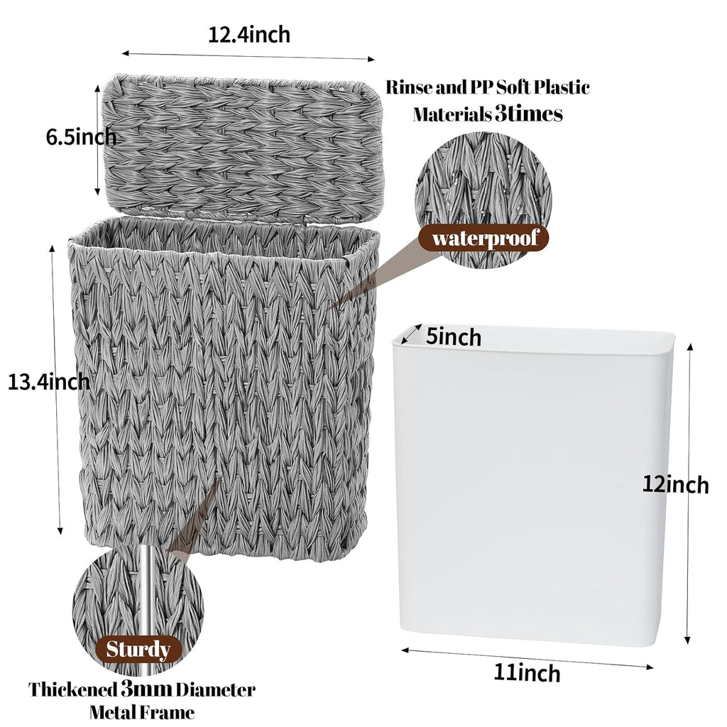 Coeusy Wicker Trash Can with Lid & Liner, Small Bathroom Waste Basket, Grey