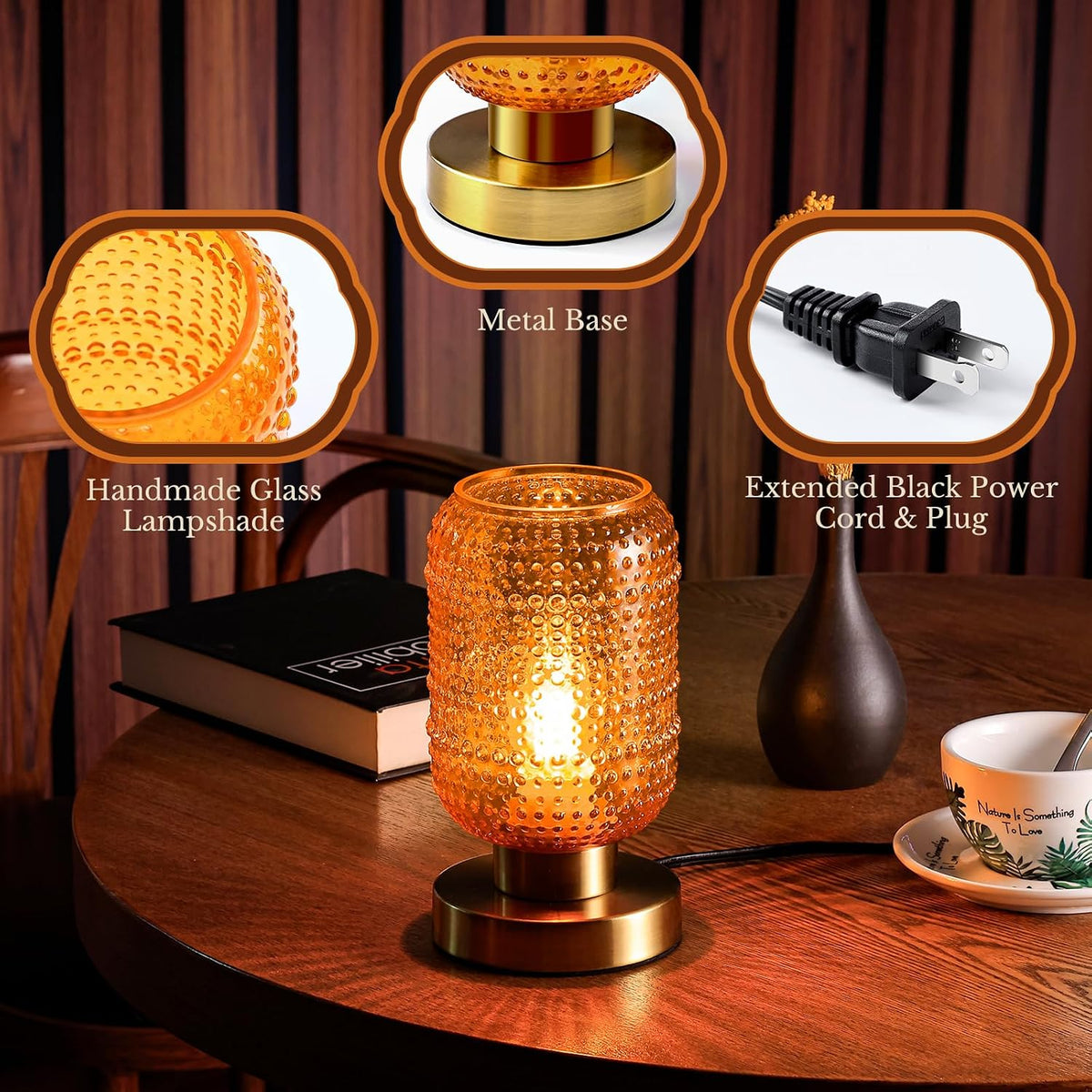 ZYER 8.9in Orange Table Lamp, Touch Control Lamp, Small Vintage Lamp