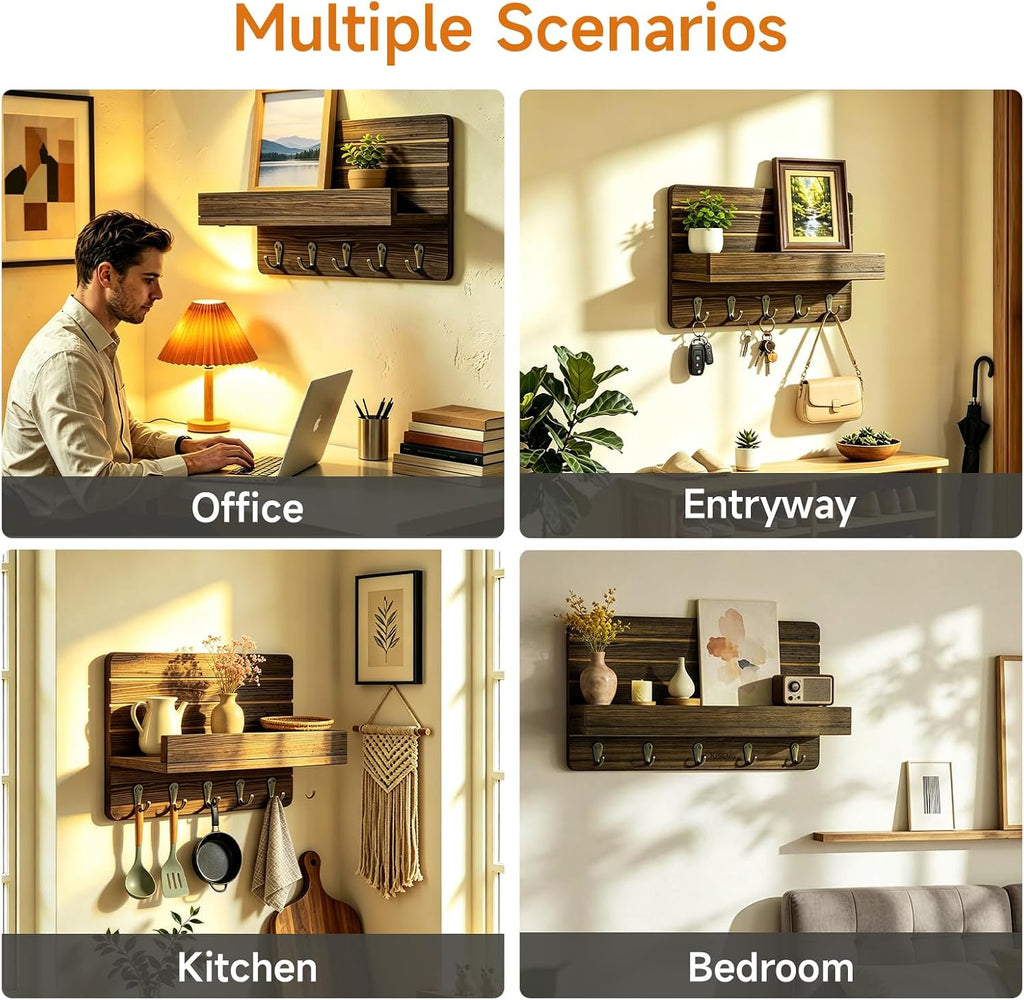 Key Holder Wall Mount,Key and Mail Organizer with Wooden Shelf,Charcoal