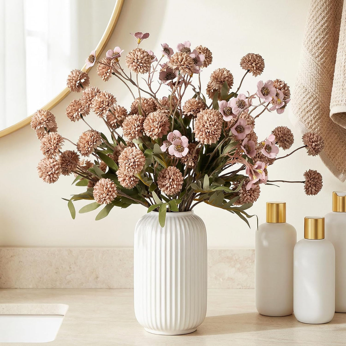 Mixed 10 Pcs Artificial Pompon Mum Set-8 Chrysanthemum & 2 Rose Red Daisy, Brown Silk Faux Flower for Vase Fall Floral Arrangements Wedding Centerpiece DIY Home Indoor Outdoor Decor (No Vase)