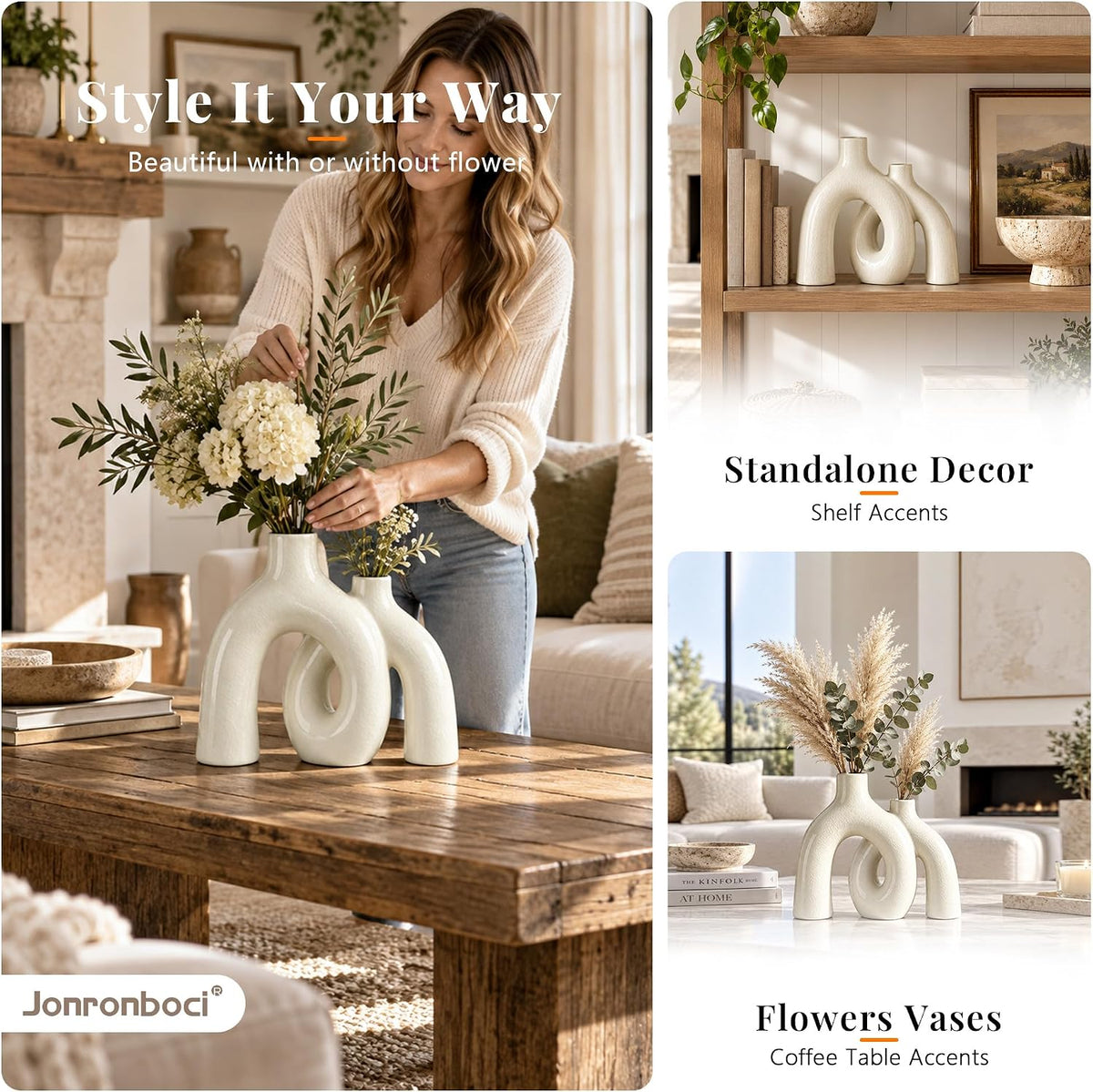 Hug Donut Decorative Ceramic Vase Set (Ivory Crackle Glaze)