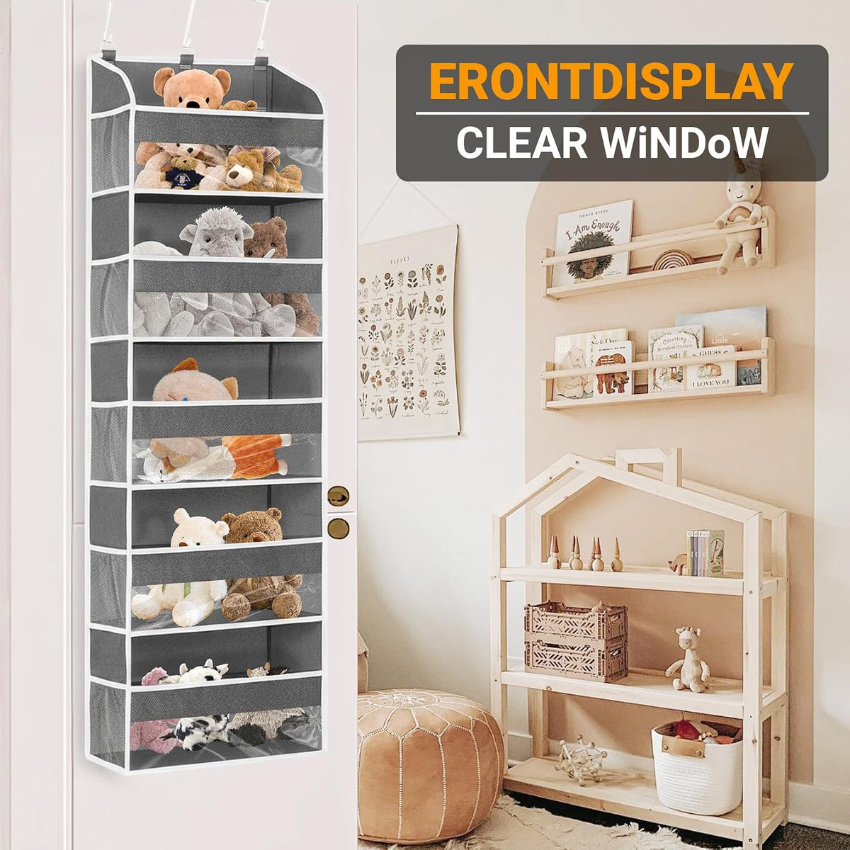Gray 5 Layers Over The Door Organizer, Heavy Duty Hanging Organizer with Clear Window, 5 Large Pockets & 10 Mesh Side Pockets for Bedroom, Bathroom, Pantry, Nursery, Stores Shoes, Diapers