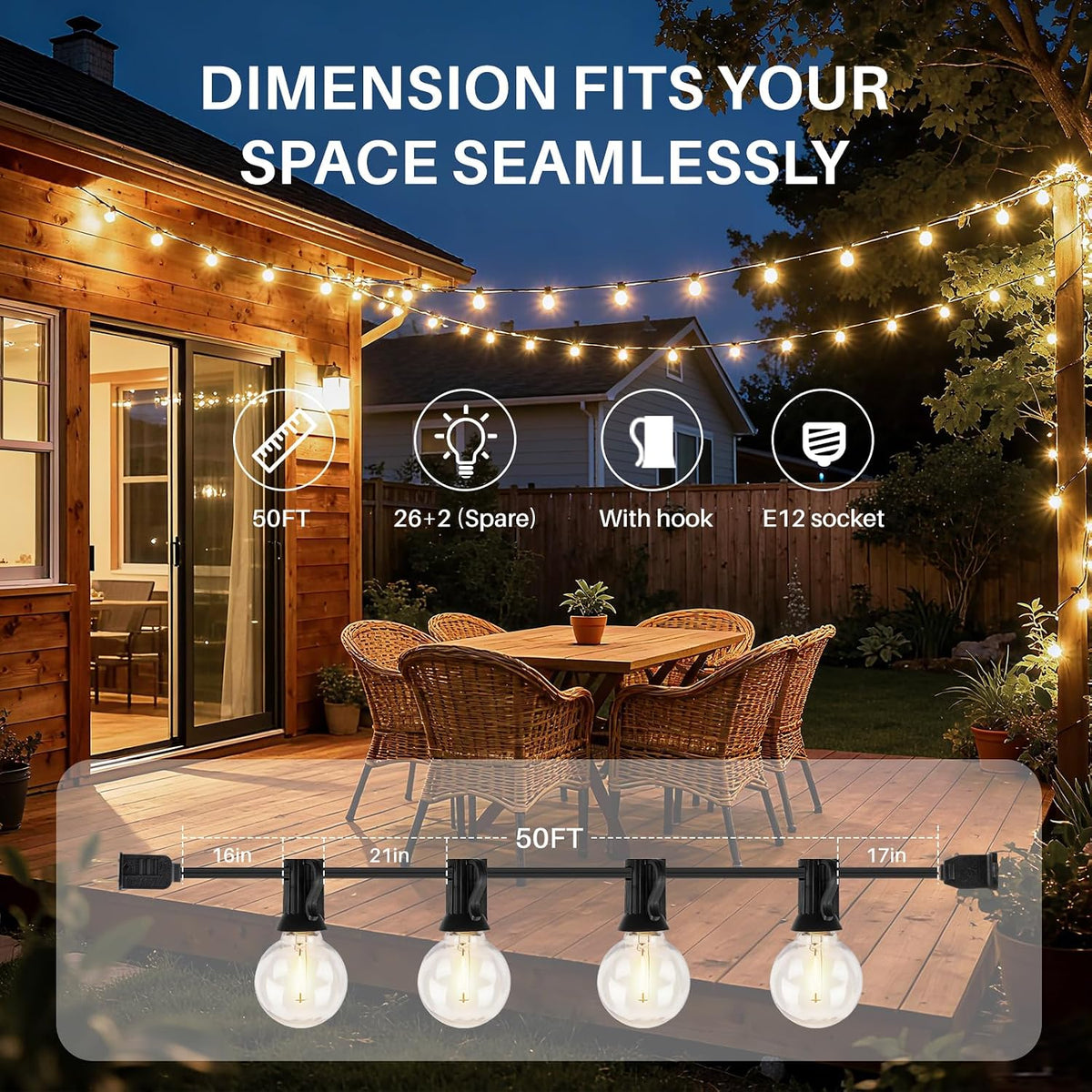 50 FT 2700K Outdoor String Lights,26 Plastic Edison Bulbs, E12 Base