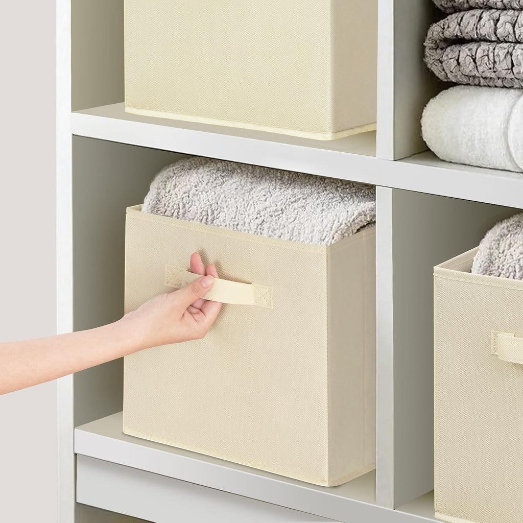11 Inch Fabric Storage Cubes, Sturdy Foldable Storage Bins, Heavy Duty Cube Organizer for Clothes, Blankets, Shelves, Closets, Bedroom, Living Room, Beige, 5 Pack