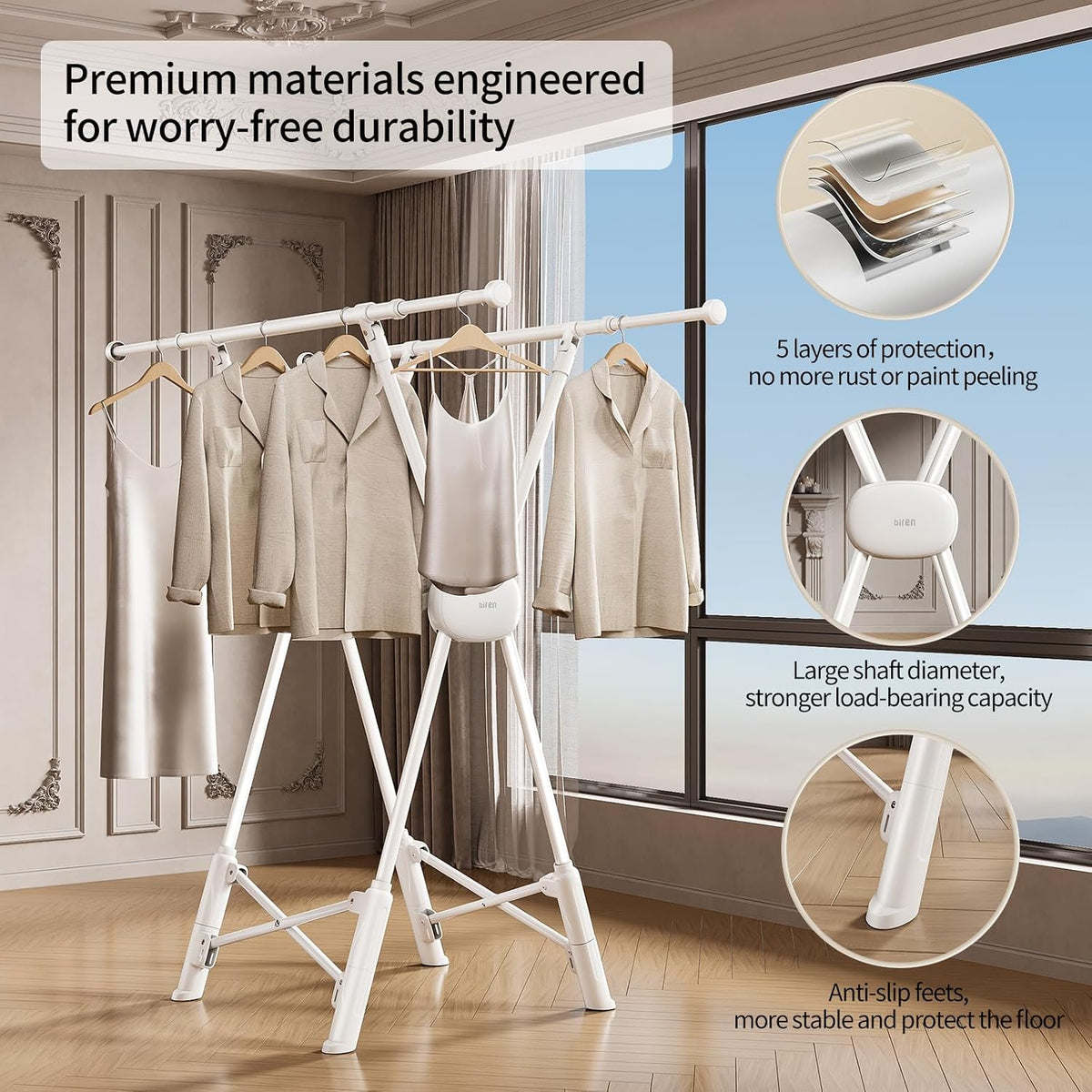 BIREN Clothes Drying Rack Heavy Duty Clothing Racks Foldable Laundry Rack Two Drying Modes Garment Racks for Drying Clothes, Adjustable Length from 32-55 Inches for Indoor Outdoor Use