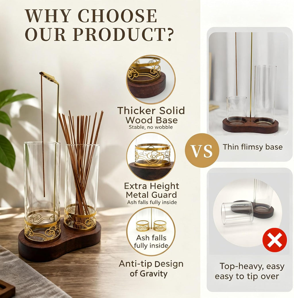 2 in 1 Incense Holder Set, Anti-Tip Burner Glass Ash Catcher with 20 Sticks