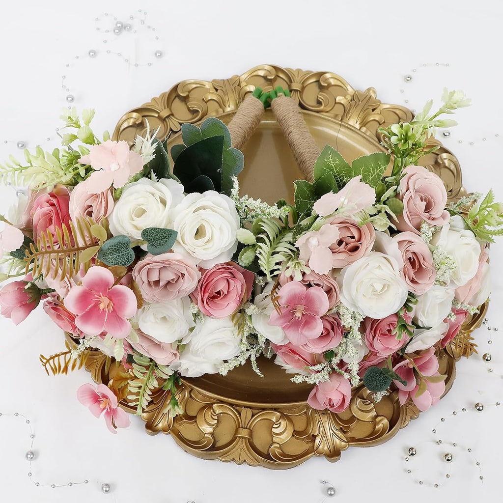 Wedding Bouquet for Bridesmaid- Hand Holding Flower Bouquet 7 Inch Artificial Flower Bouquet for Bride Party Ceremony Anniversary Decor - Dusty Pink & White