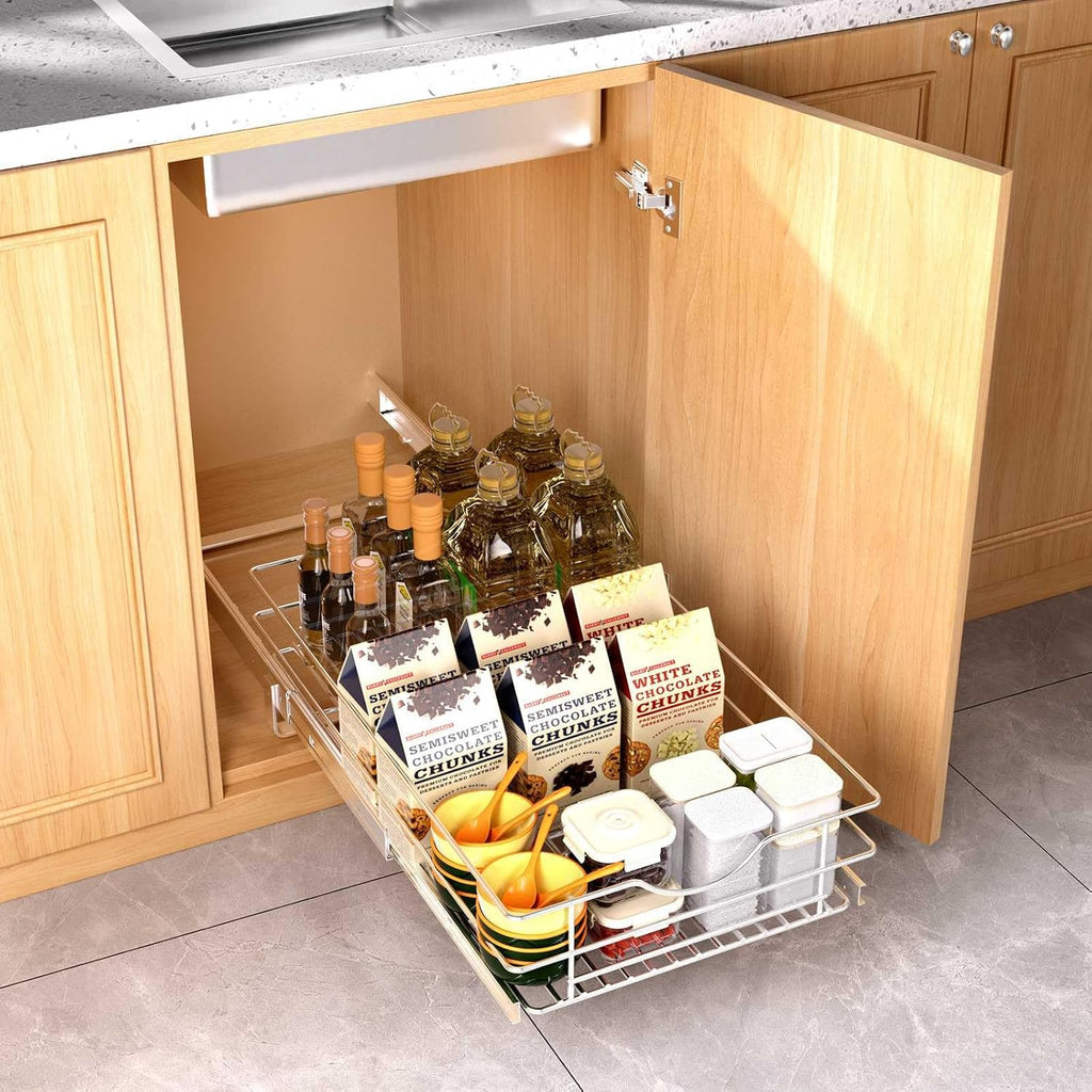 Pull Out Cabinet Organizer, (14½"W x 20" D) Soft Close Slide Out Drawer, 1 Tier Pull Out Cabient Shelf for Kitchen Base Cabinet Under Sink Space, Pantry Organization, Bathroom, Wire Basket