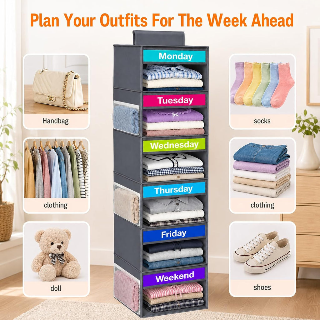 6-Shelf Weekly Clothes Organizer for Kids Days of The Week Outfit(Grey)