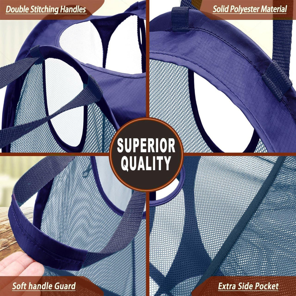 HOUSE AGAIN Strong Mesh Pop Up Laundry Hamper, 70L Collapsible Laundry Basket with Steel Frame, Double‑Stitched Handles & Side Pocket, Foldable Dirty Clothes Hamper for Dorm, Bedroom, Blue