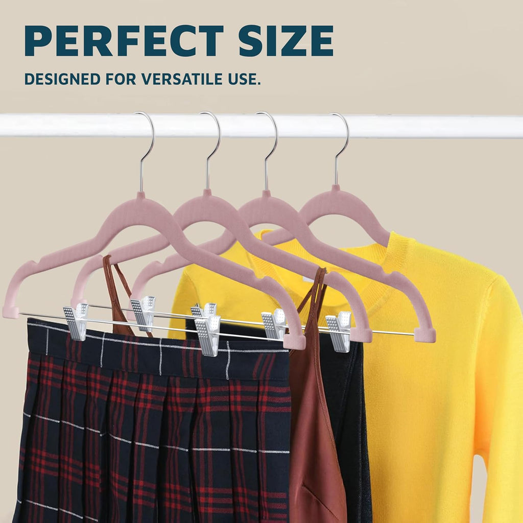 Lifemaster Velvet Pants Hangers – with Adjustable Clips, 360 Degree Swivel Hook, and Non-Slip Shoulder Notch, Holds Up to 10 lbs, for Organizing Skirt, Pants, Dress, and Clothes, Pack of 50, Pink