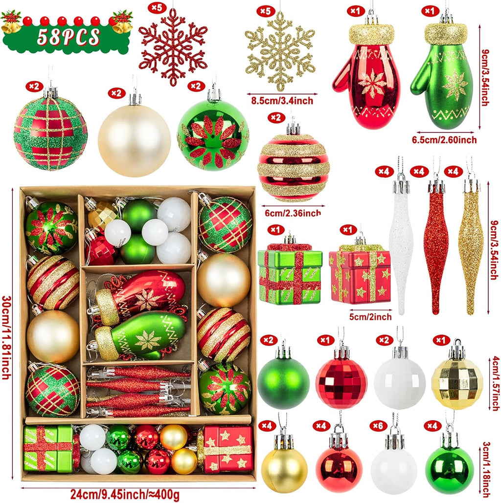 58pcs Classic Christmas Balls Ornaments Set, Red Green Gold Tree Hanging