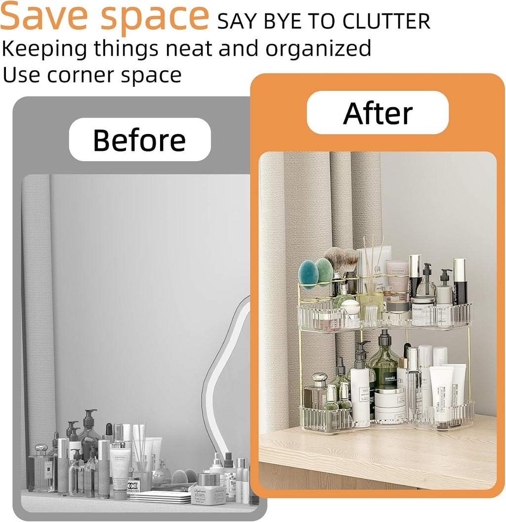 Makeup Organizer Countertop 2 Tier, Corner Bathroom Countertop Organizer with Toothbrush and Makeup Brush Holder, Corner Vanity Tray for Skincare Organization