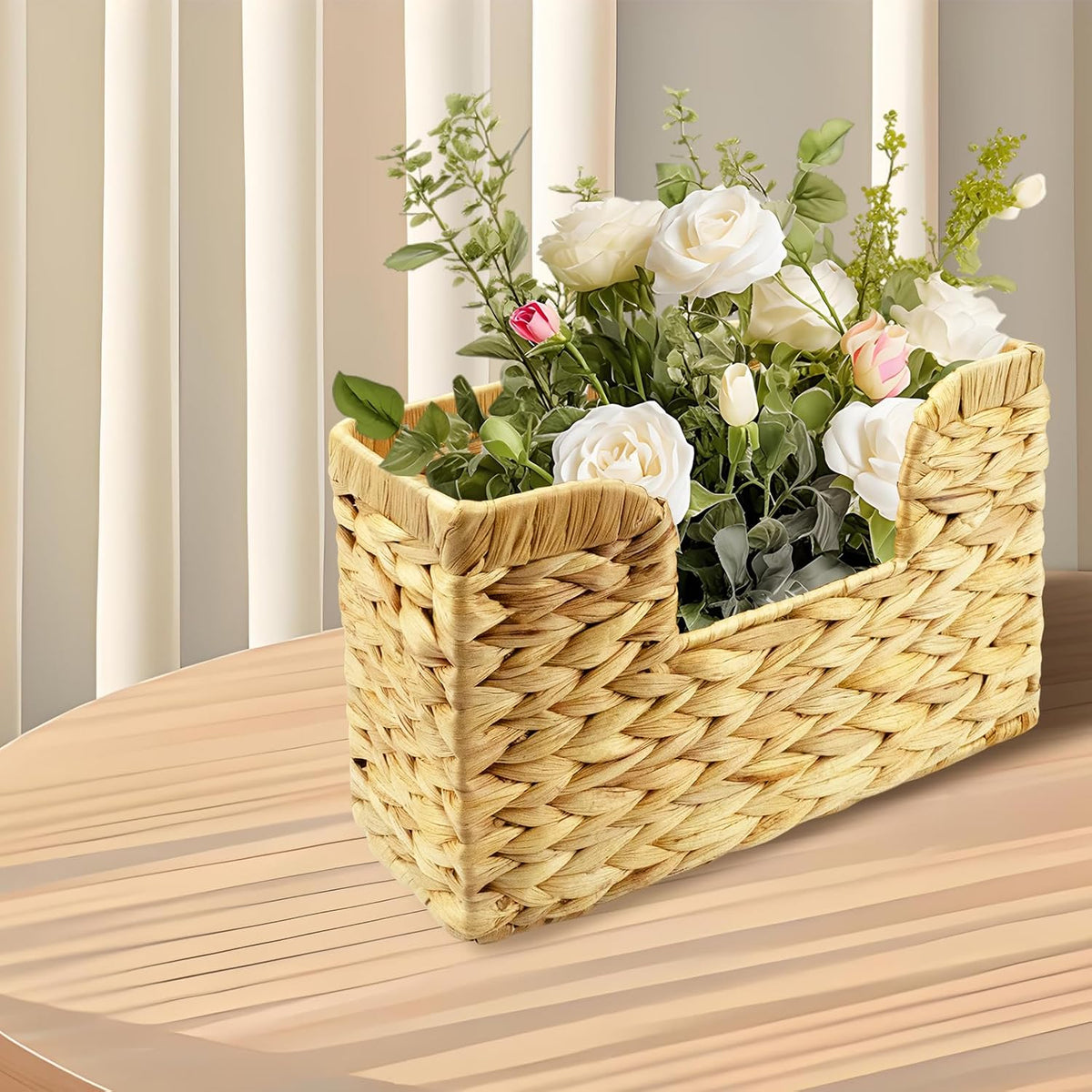 Woven Hanging Magazine Holder, Water Hyacinth Mail Basket Wall Mounted Magazine Basket Rack with Handle for Book, Files Bathroom, Home, Office - 11.75 X 4.2 X8 Inch