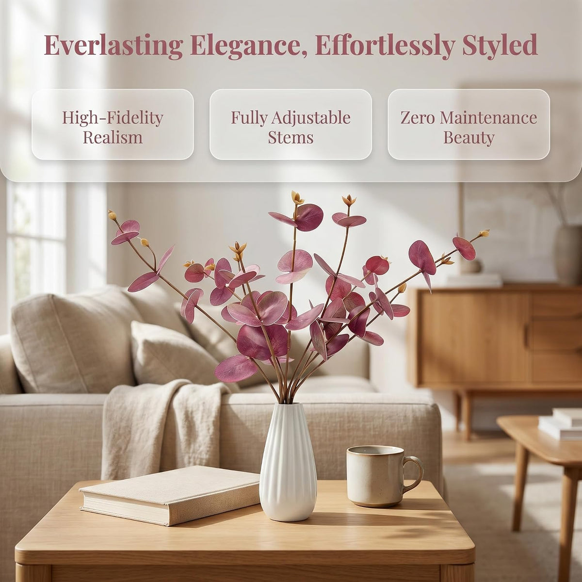 Artificial Eucalyptus Stems with Ceramic Vase for Home Decor,Dusty Purple
