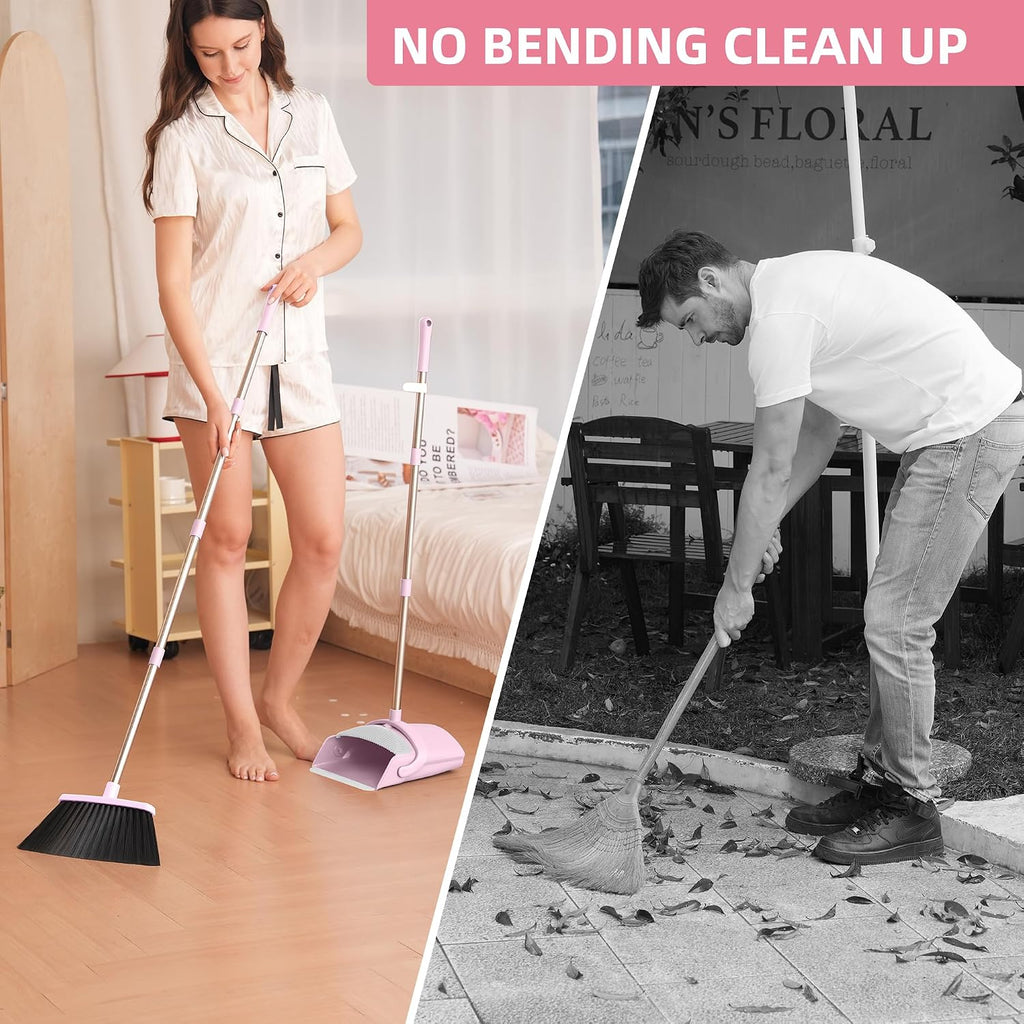 Broom with Dustpan Combo Set for Home, 52-in Long Adjustable Handle Angle Broom and Dustpan Set with Dustpan Comb Teeth for Sweeping Pet Hair Food Dirt Kitchen