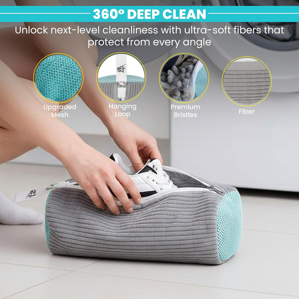 2-Pack Shoe Washing Machine Bags with Shoe Trees & Brush – Reusable Mesh Laundry Shoe Bag for Sneakers, Tennis & Running Shoes, Durable Shoe Cleaner Kit, Secure Zipper, Gray (15.4x 7.5 Inch)