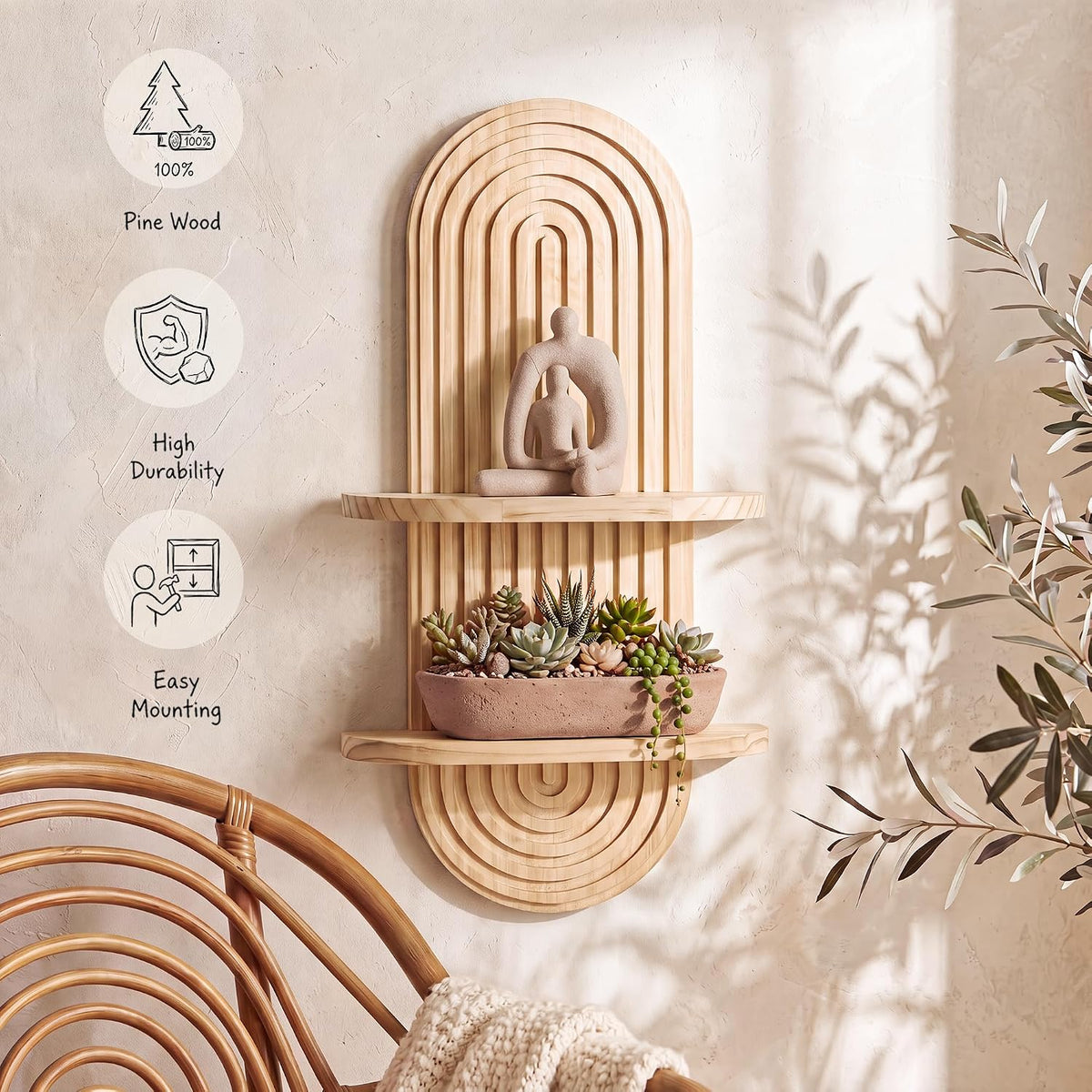 Heiple Boho Plant Shelf Wall Decor, Natural, 22.7" x11.7"-1Pcs